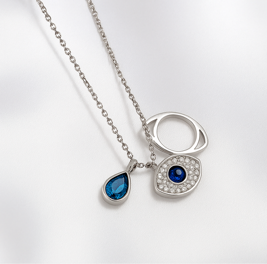 Elegant Silver Chain with Sapphire Blue Stone & Evil Eye Charm