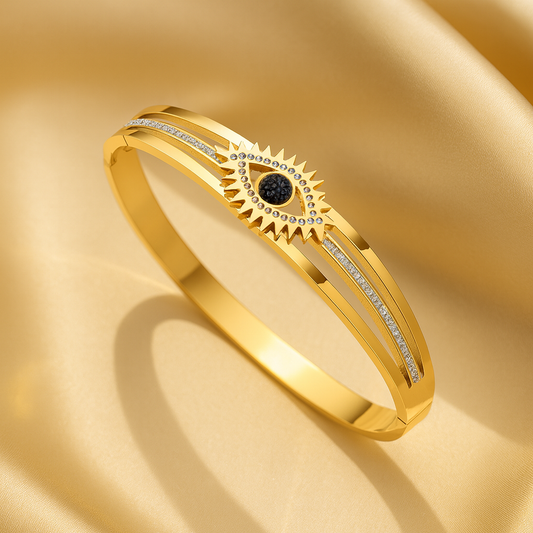 18K Gold-Plated Evil Eye Bangle with Black Stone & Crystal Accents | Anti - Tarnish Finish