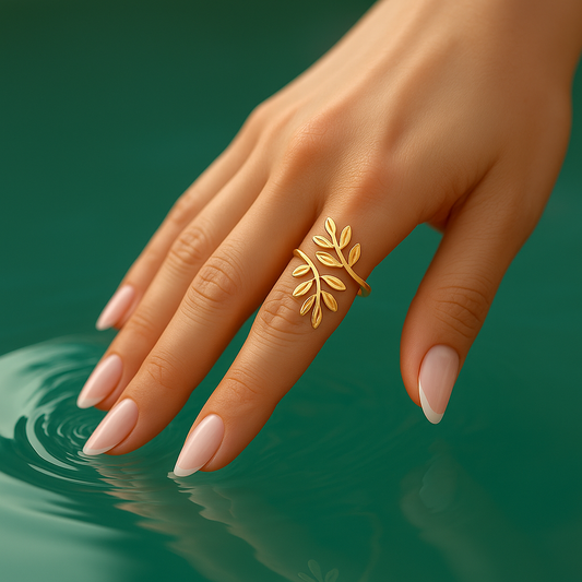 Gold-Plated Emerald & Floral Adjustable Ring | Antique Designer Finish