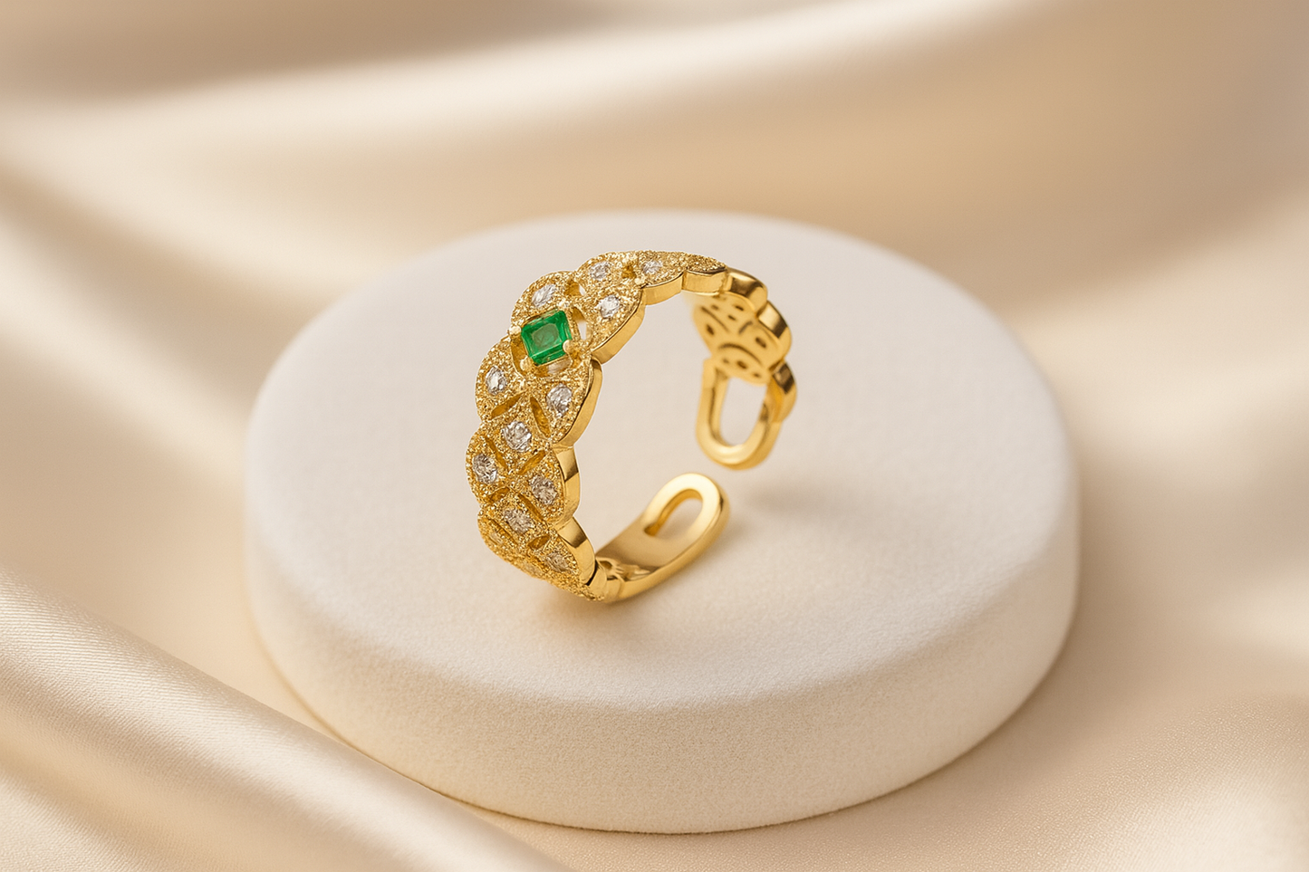 Gold-Plated Emerald & Studded Floral Adjustable Ring | Antique Designer Finish