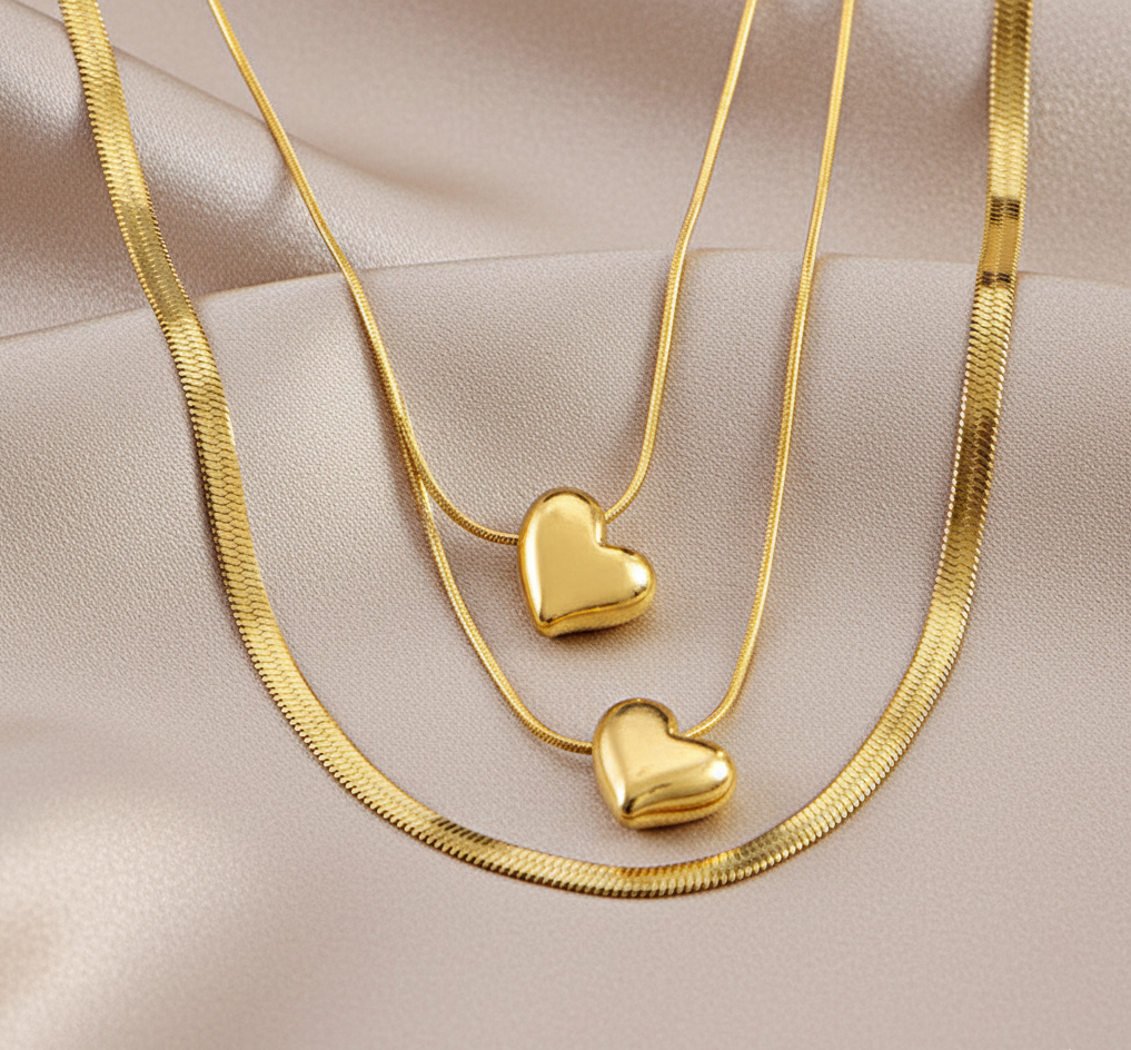 Golden Heart Pendant Layered Necklace – Elegant Dual Chain Design