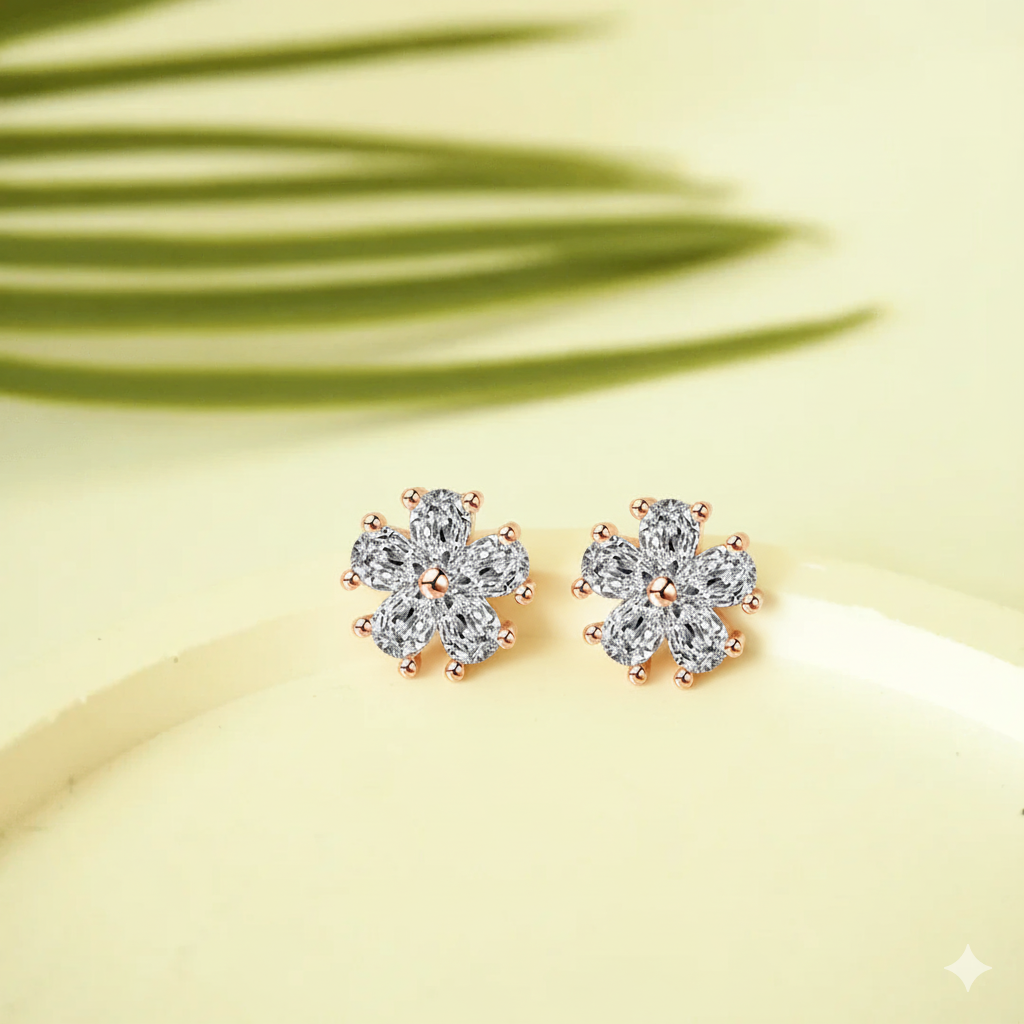 Rose Gold-Plated Floral Stud Earrings | Elegant Anti-Tarnish Designer Finish