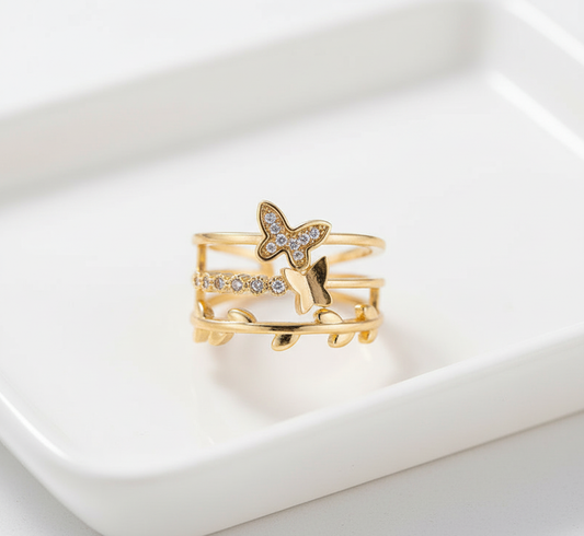 Gold-Plated Butterfly & Heart-Themed Adjustable Ring Set | Anti-Tarnish Minimal Luxe Finish