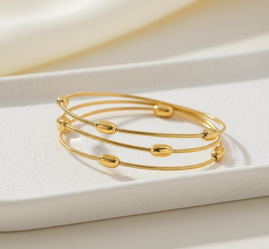 Gold-Plated Anti Tarnish Multi-Layer Textured Bead Bangle Set
