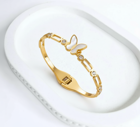 Gold-Plated Butterfly Charm Bangle with Mother of Pearl | Anti-Tarnish Finish