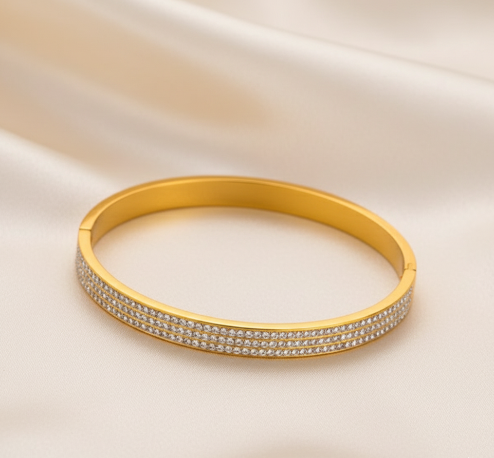 Gold-Plated Anti Tarnish Triple Line Stone Studded Bangle