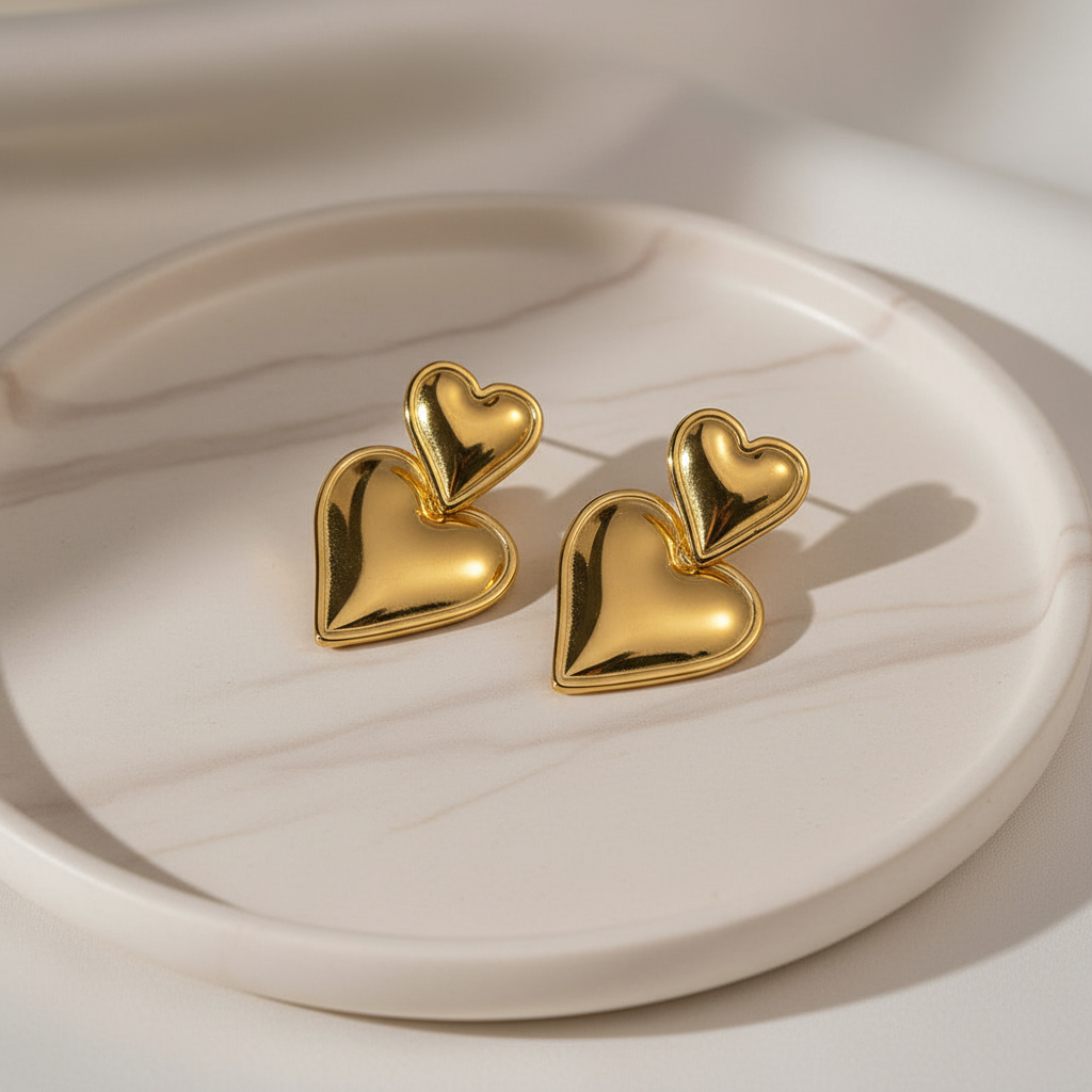 Gold-Plated Dual Heart Statement Earrings | Anti-Tarnish Gloss Finish