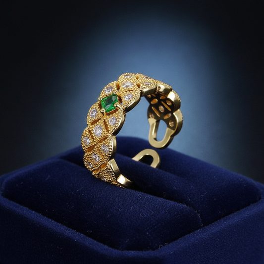 Gold-Plated Emerald & Studded Floral Adjustable Ring | Antique Designer Finish