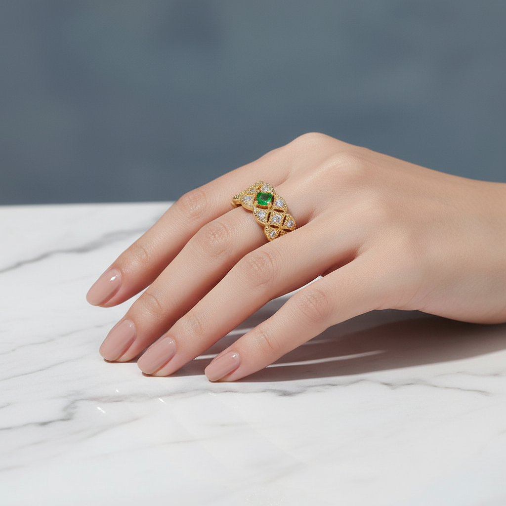 Gold-Plated Emerald & Studded Floral Adjustable Ring | Antique Designer Finish
