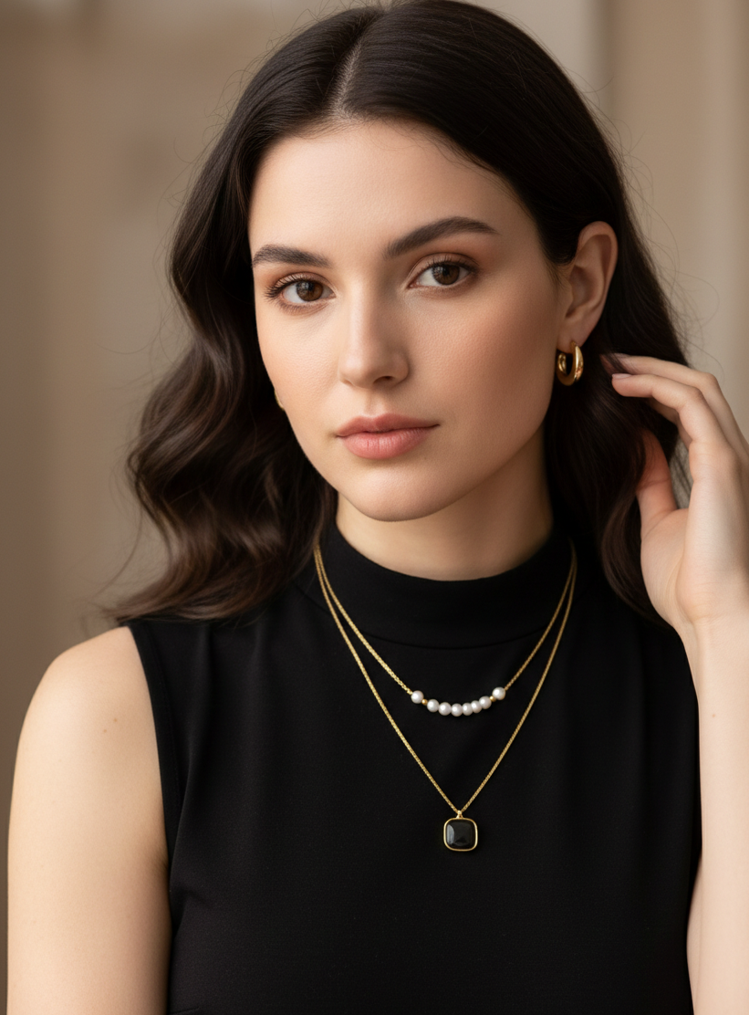 Anti-Tarnish Gold Black Stone Pearl Layered Pendant Necklace