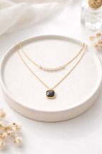 Anti-Tarnish Gold Black Stone Pearl Layered Pendant Necklace