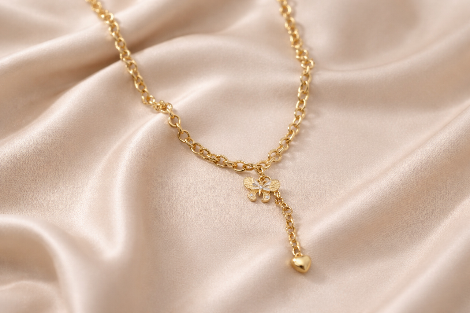 Golden Butterfly Charm Necklace with Heart Drop | Anti-Tarnish