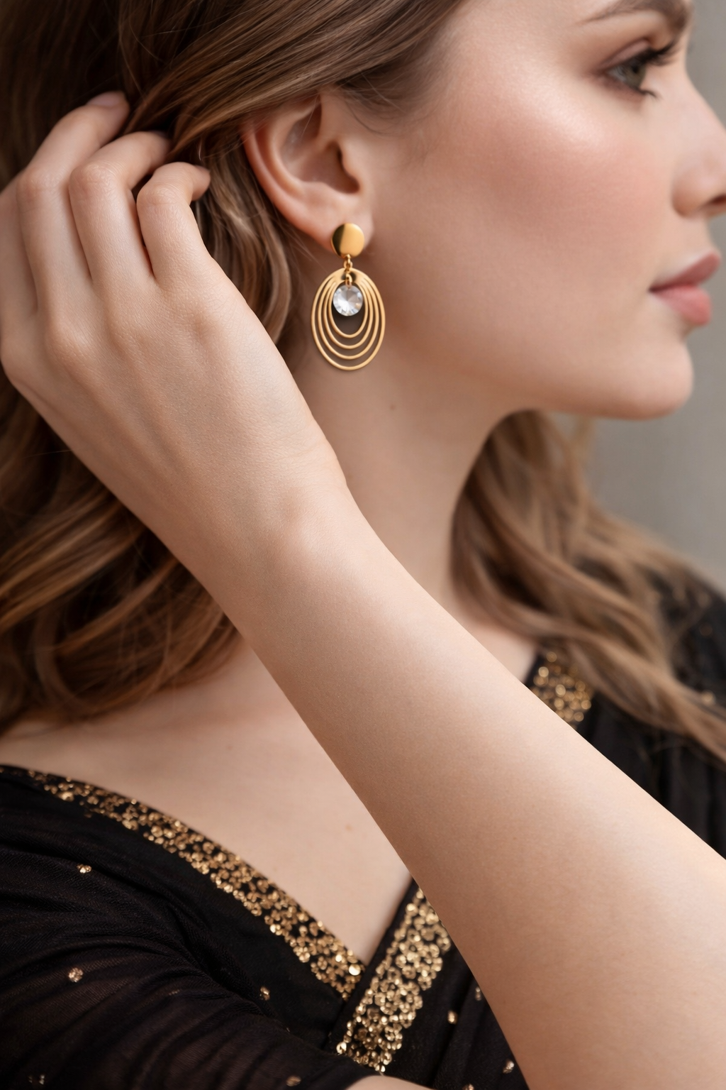 Aurora Layered Oval Crystal 18k Gold Drop Earrings | Anti-Tarnish