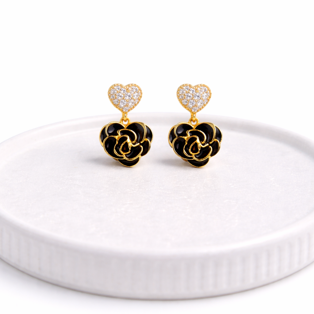 Heart Drop 18k Gold Earrings with Black Rose | Anti-Tarnish