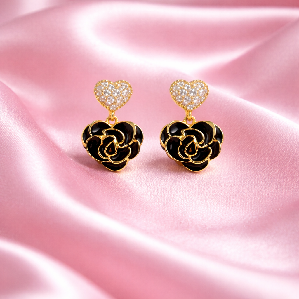 Heart Drop 18k Gold Earrings with Black Rose | Anti-Tarnish