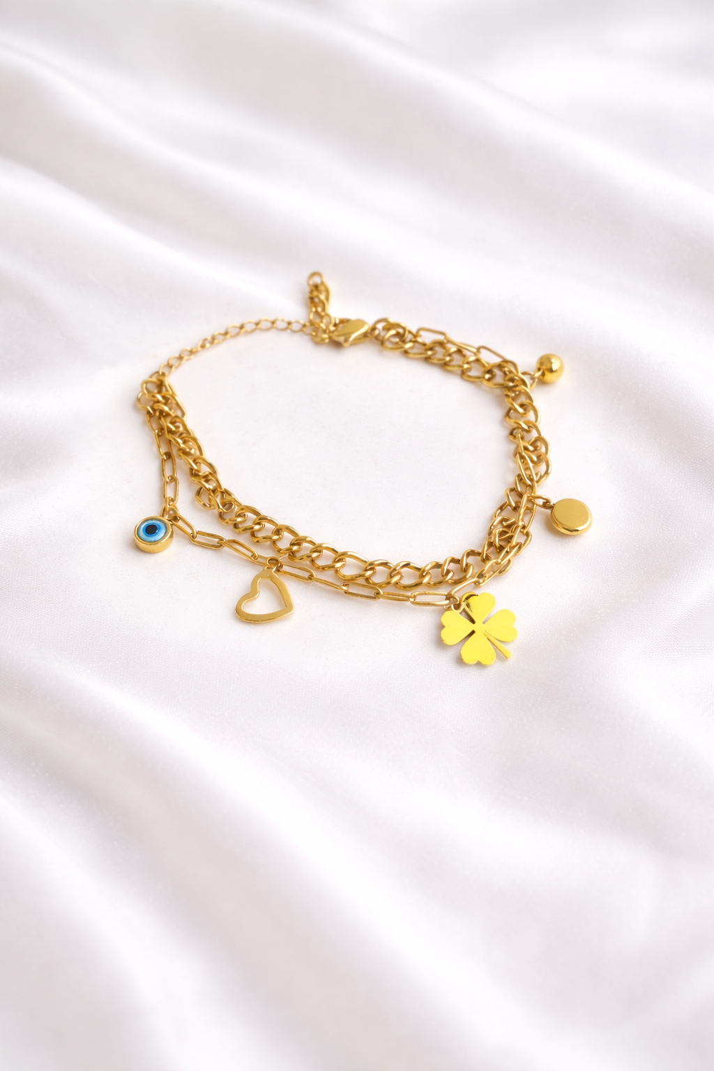 Lucky Clover & Heart Charm 18k Gold-Plated Bracelet  | Anti-Tarnish