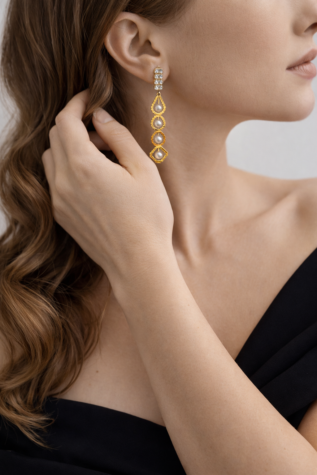 Aurora Pearl Cascade Earrings in Gold Finish | Anti=Tarnish