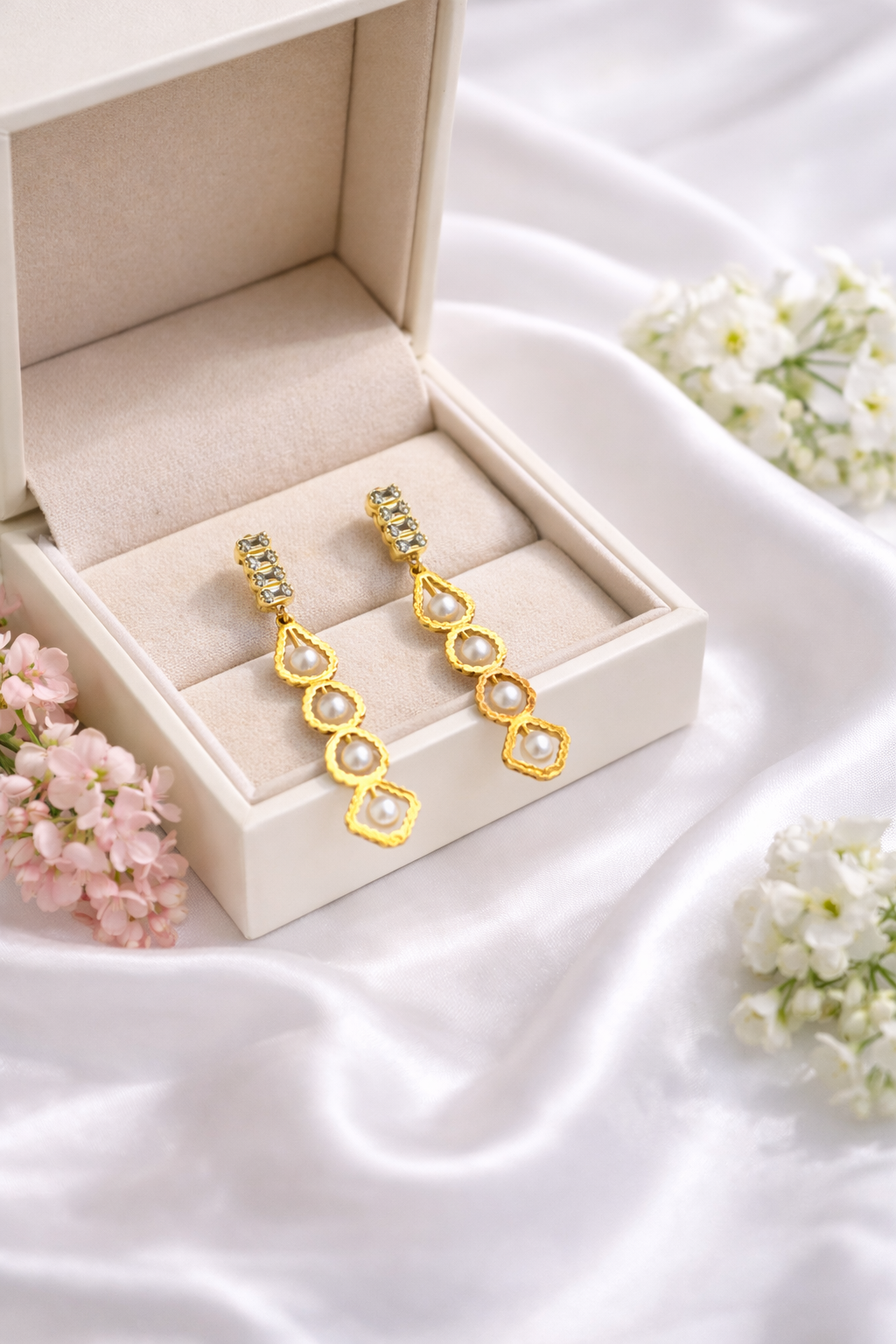 Aurora Pearl Cascade Earrings in Gold Finish | Anti=Tarnish