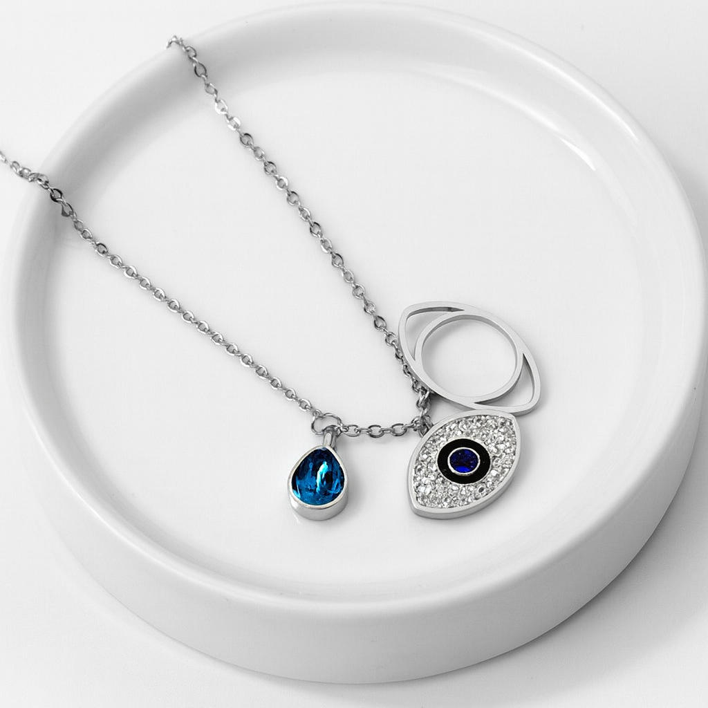 Elegant Silver Chain with Sapphire Blue Stone & Evil Eye Charm