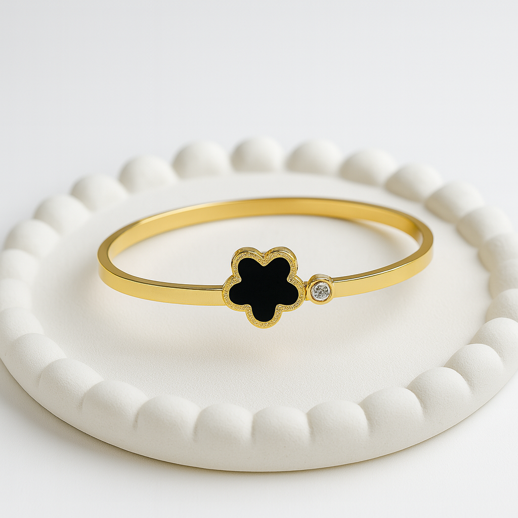 Gold-Plated Black Clover Charm Bangle  | Anti-Tarnish