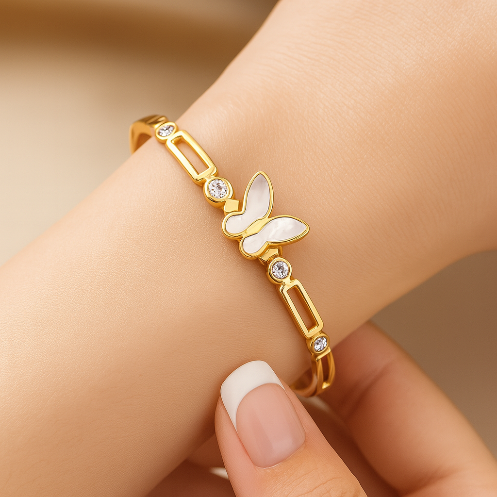 Gold-Plated Butterfly Charm Bangle with Mother of Pearl  | Anti-Tarnish Finish
