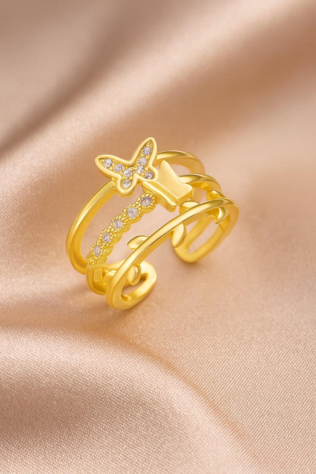 Gold-Plated Butterfly & Heart-Themed Adjustable Ring Set | Anti-Tarnish Minimal Luxe Finish