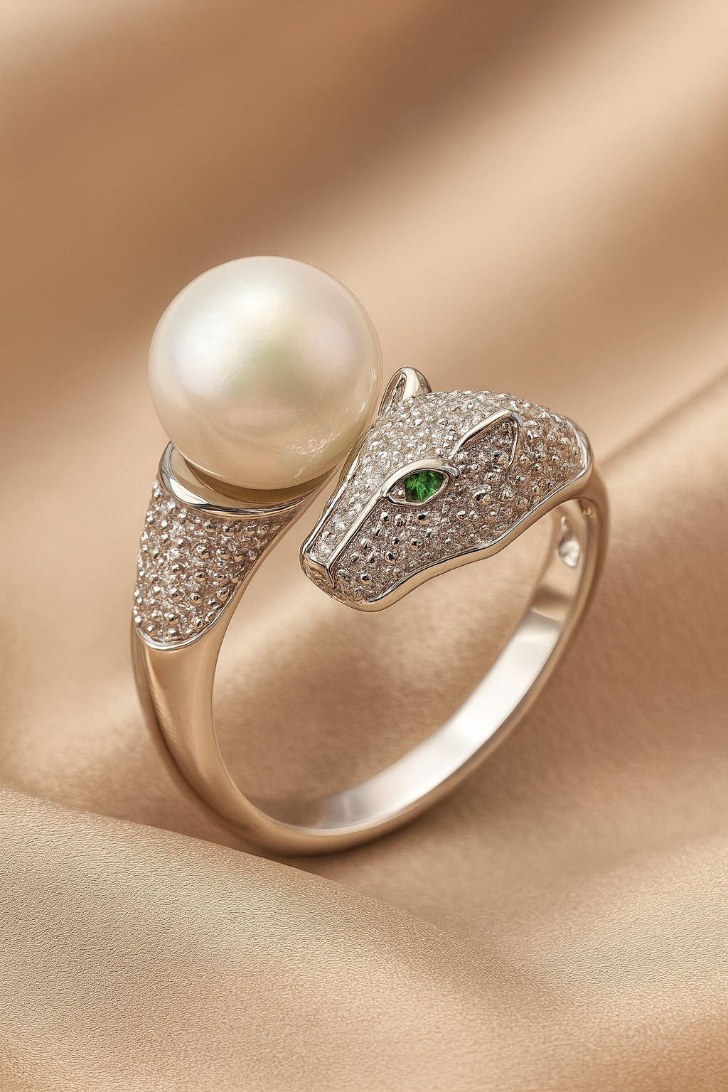 Silver-Plated Panther Head Pearl Ring | Luxury Anti-Tarnish Designer Finish