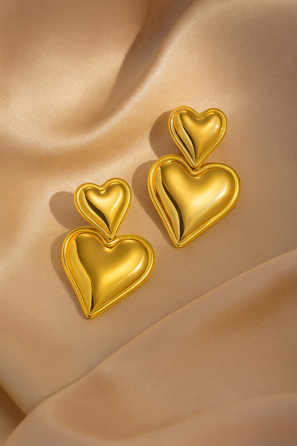 Gold-Plated Dual Heart Statement Earrings | Anti-Tarnish Gloss Finish