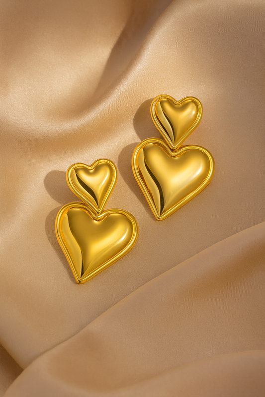 Gold-Plated Dual Heart Statement Earrings | Anti-Tarnish Gloss Finish