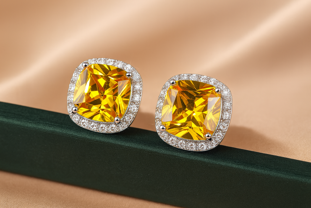 Silver-Plated Citrine Yellow Halo Stud Earrings  |  Anti-Tarnish