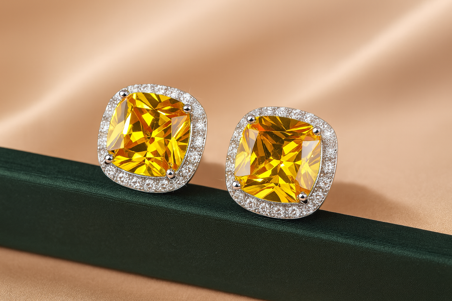 Silver-Plated Citrine Yellow Halo Stud Earrings  |  Anti-Tarnish