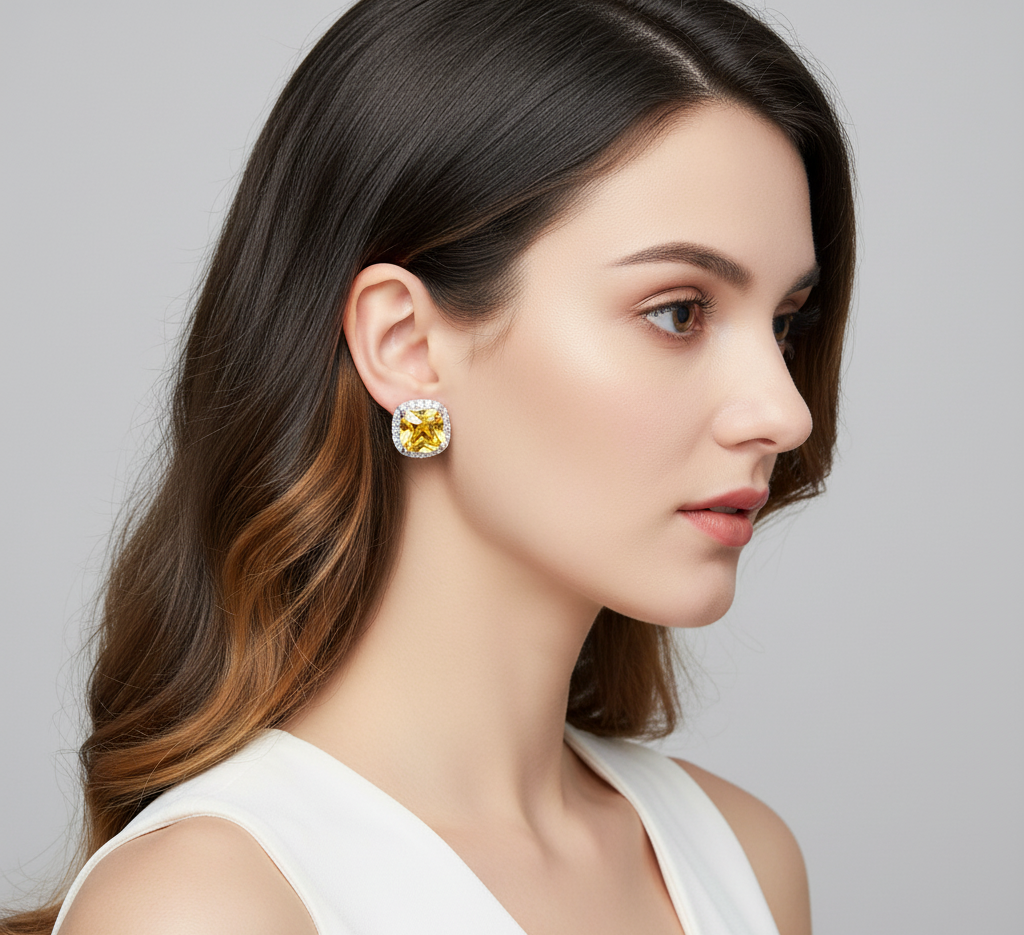 Silver-Plated Citrine Yellow Halo Stud Earrings  |  Anti-Tarnish