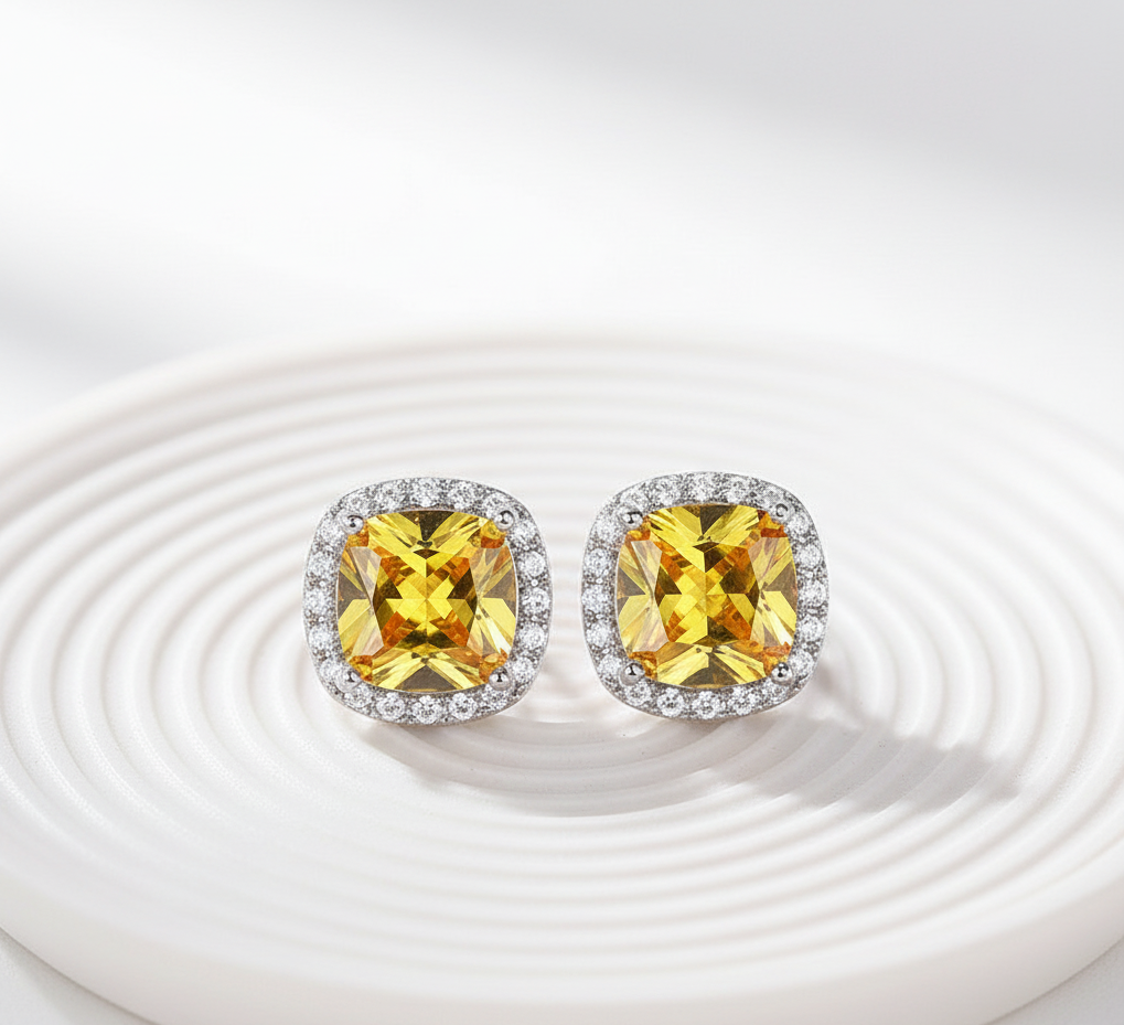 Silver-Plated Citrine Yellow Halo Stud Earrings  |  Anti-Tarnish