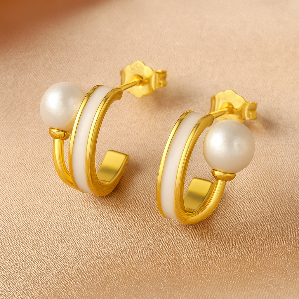 Gold-Plated Dual Tone Pearl Hoop Earrings  |  Anti-Tarnish