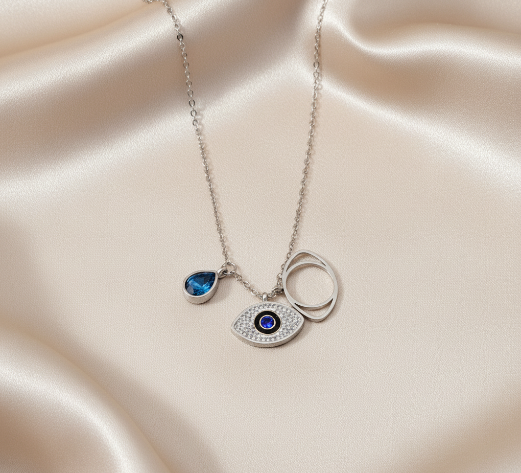 Elegant Silver Chain with Sapphire Blue Stone & Evil Eye Charm