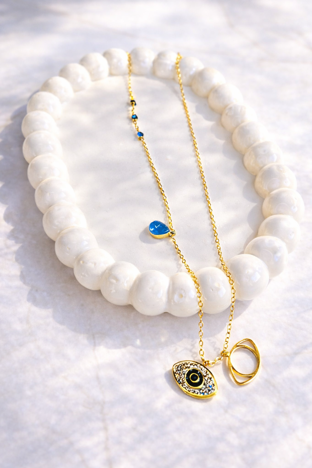 Anti-Tarnish Gold Evil Eye Pendant Necklace with Blue Stone