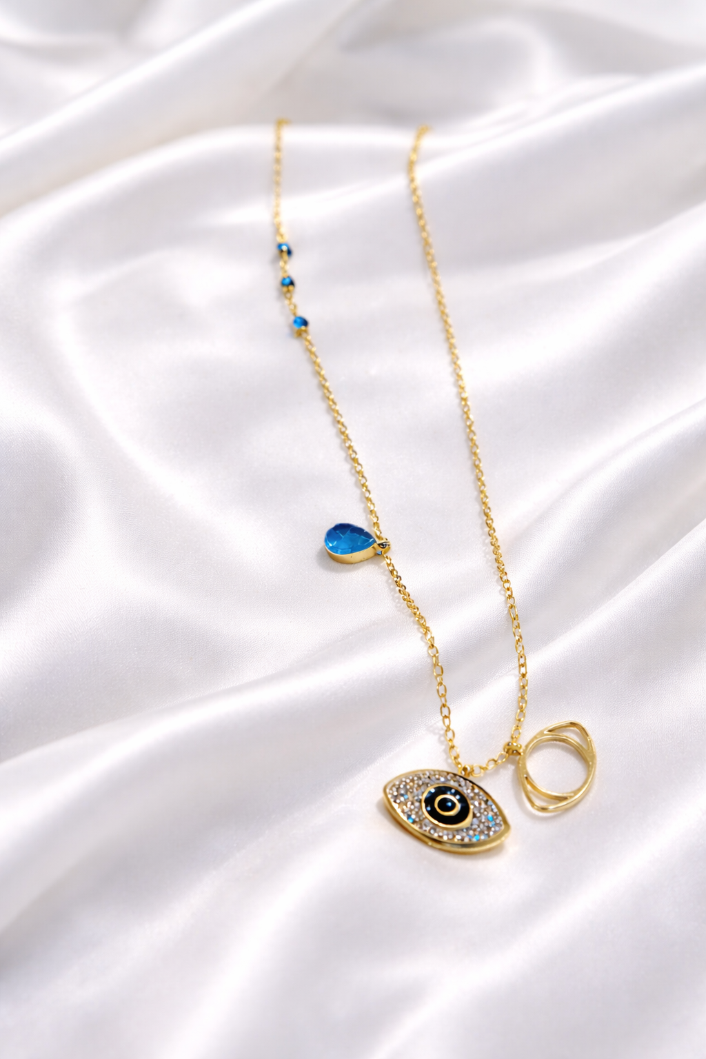 Anti-Tarnish Gold Evil Eye Pendant Necklace with Blue Stone