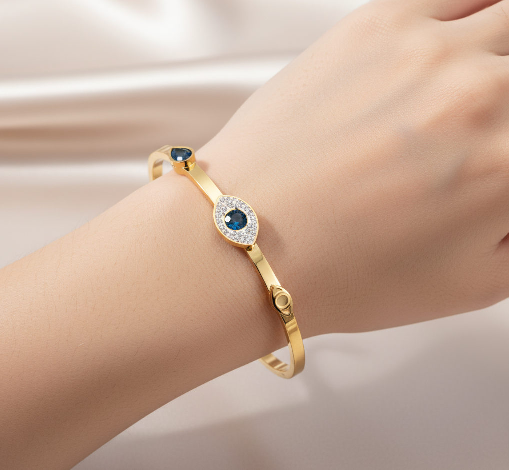 Gold-Plated Blue Evil Eye Bangle  |  Anti-Tarnish