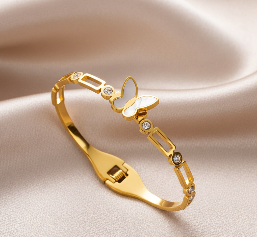 Gold-Plated Butterfly Charm Bangle with Mother of Pearl  | Anti-Tarnish Finish