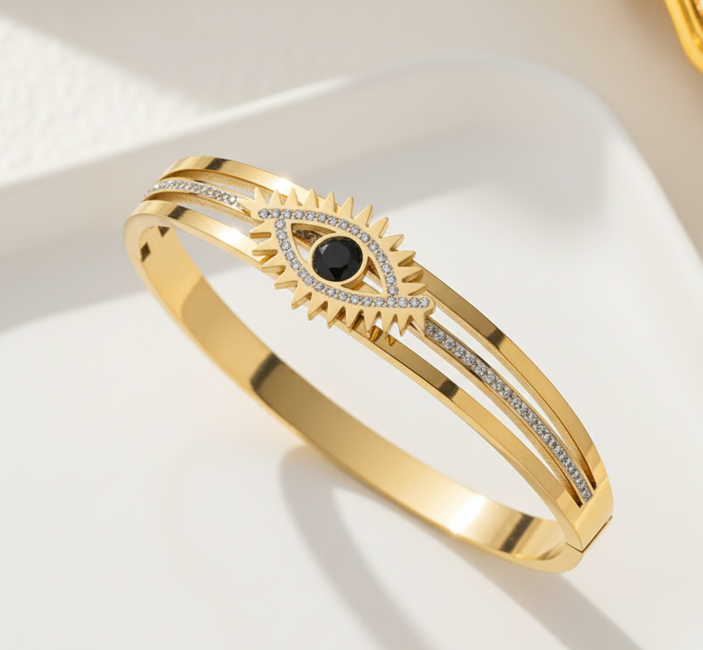 18K Gold-Plated Evil Eye Bangle with Black Stone & Crystal Accents | Anti - Tarnish Finish