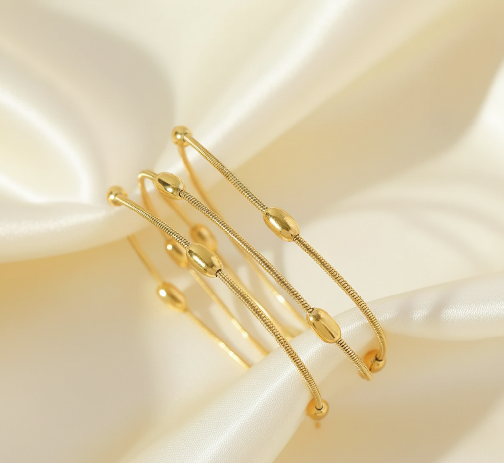 Gold-Plated Anti Tarnish Multi-Layer Textured Bead Bangle Set