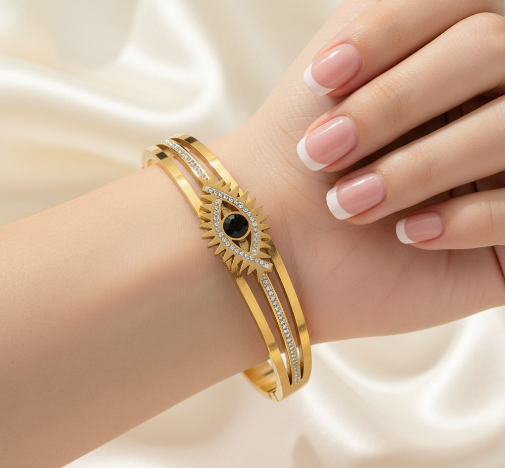 18K Gold-Plated Evil Eye Bangle with Black Stone & Crystal Accents | Anti - Tarnish Finish