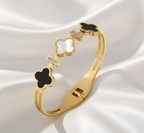 Gold-Plated Clover Charm Anti-Tarnish Bangle with Black and White