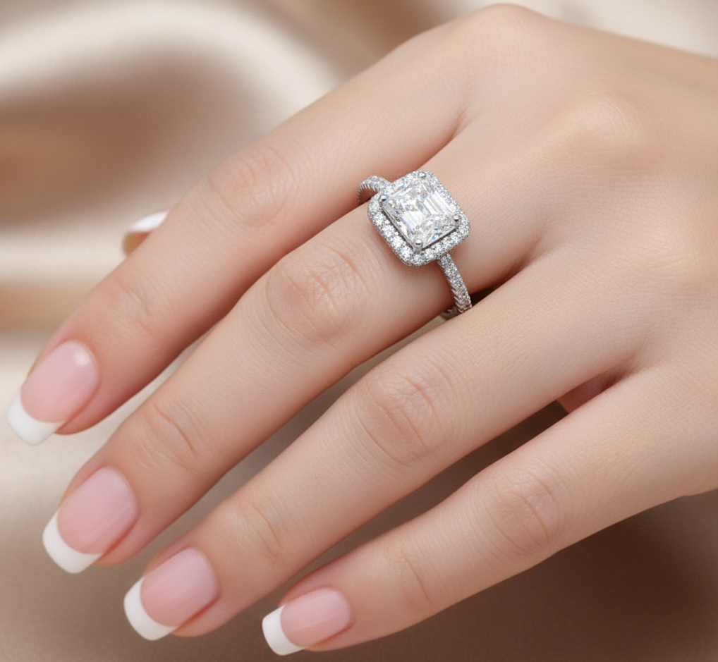 Silver-Plated Princess-Cut Solitaire Halo Ring  | Anti-Tarnish Luxury Finish