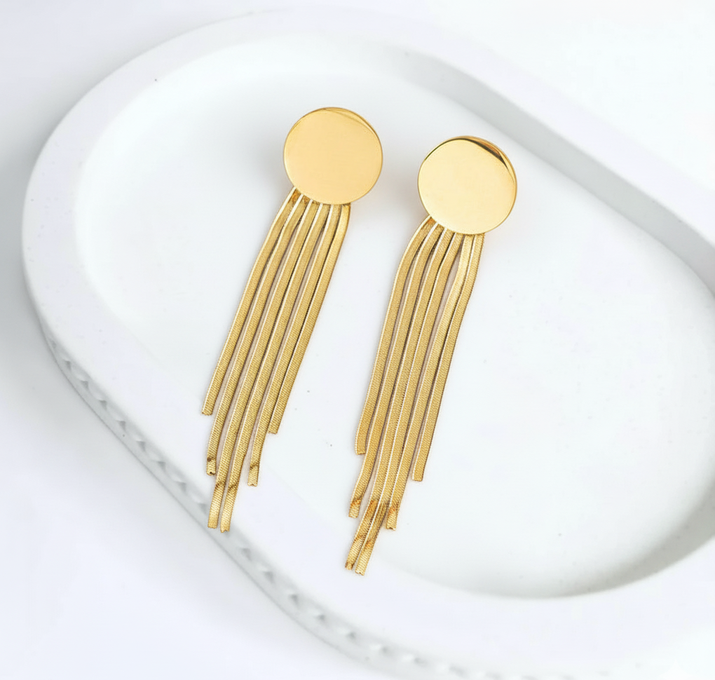 Gold-Plated Long Tassel Drop Earrings | Modern Anti-Tarnish Statement Design