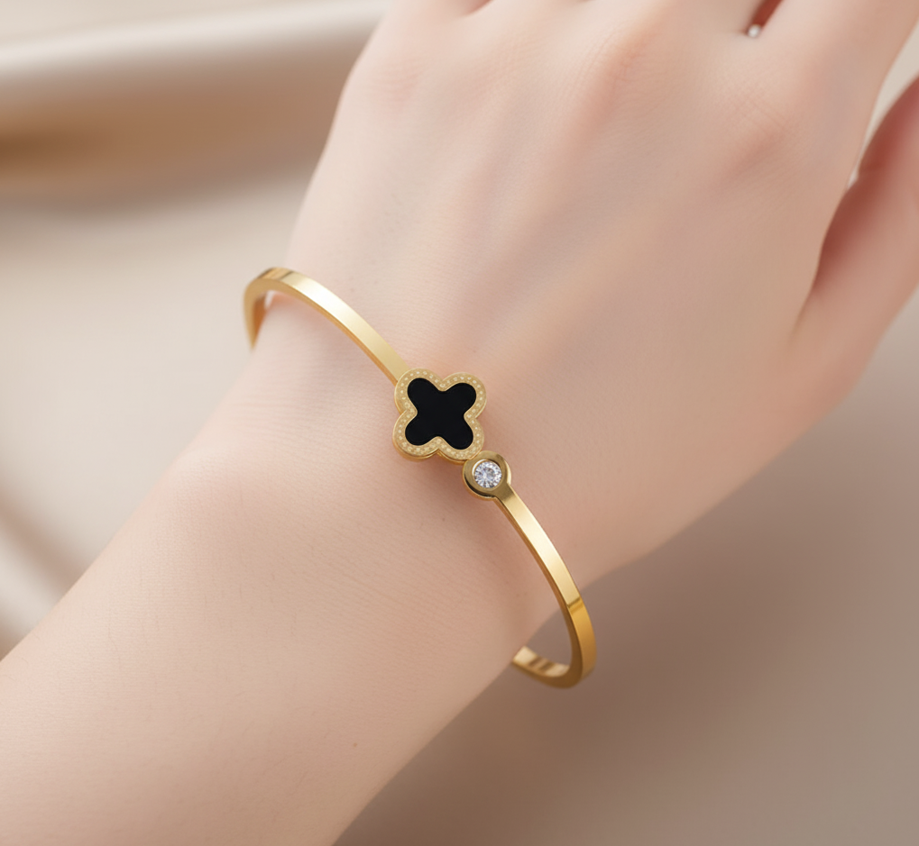 Gold-Plated Black Clover Charm Bangle  | Anti-Tarnish Finish