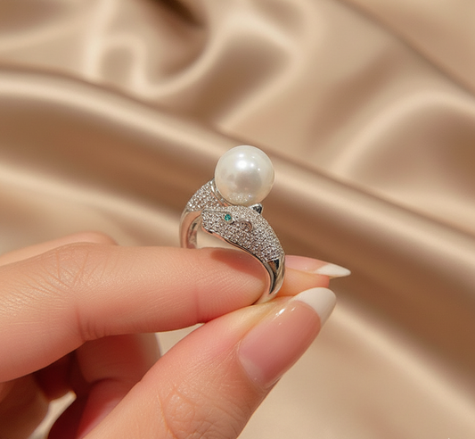 Silver-Plated Panther Head Pearl Ring | Luxury Anti-Tarnish Designer Finish