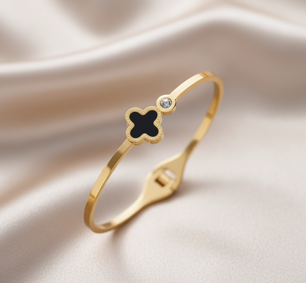 Gold-Plated Black Clover Charm Bangle  | Anti-Tarnish Finish