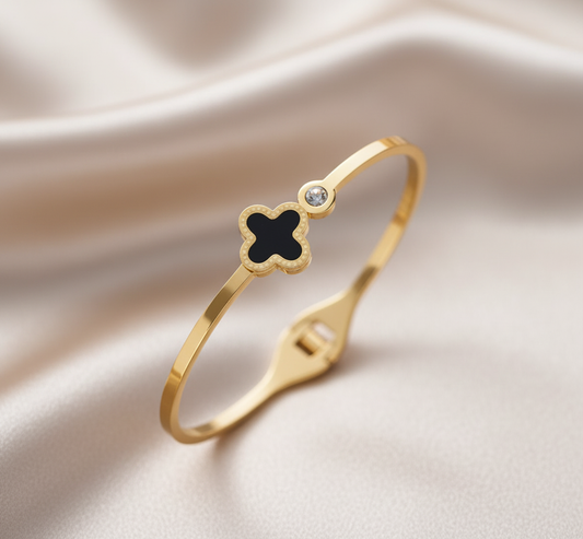 Gold-Plated Black Clover Charm Bangle  | Anti-Tarnish Finish