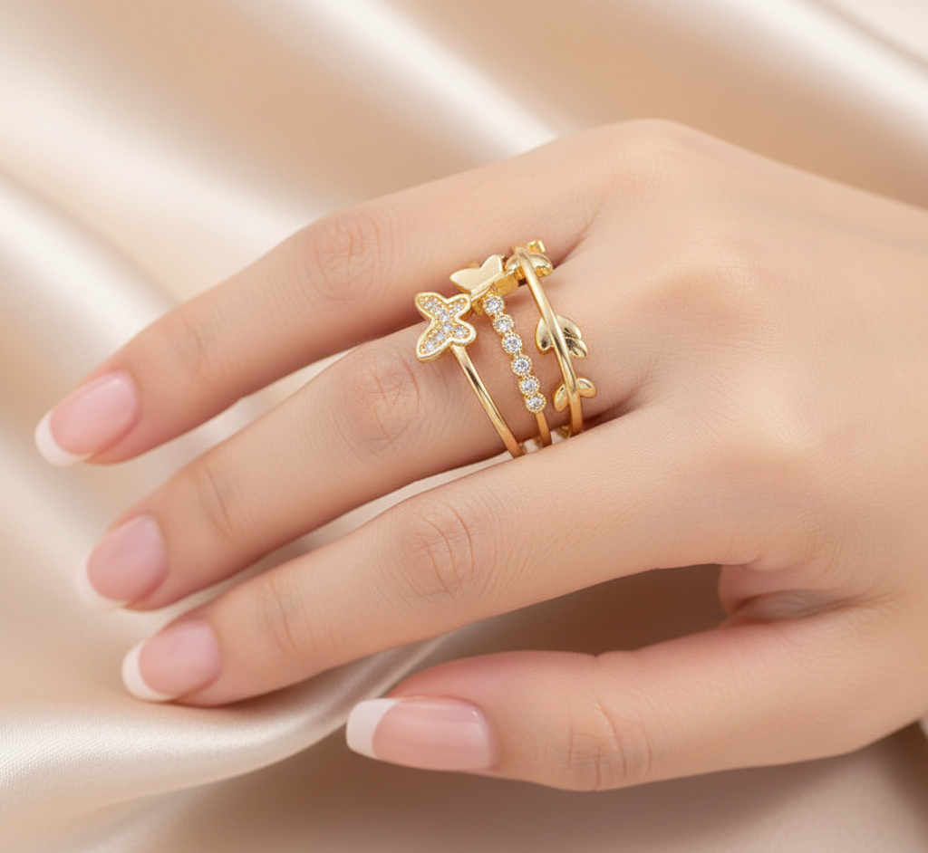 Gold-Plated Butterfly & Heart-Themed Adjustable Ring Set | Anti-Tarnish Minimal Luxe Finish